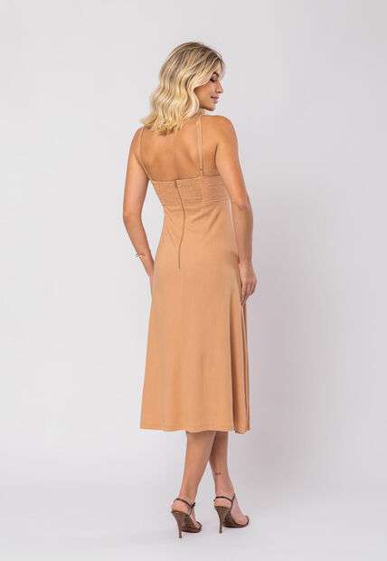 Vestido Midi Viscolinho Premium Laços Bege Salvatore