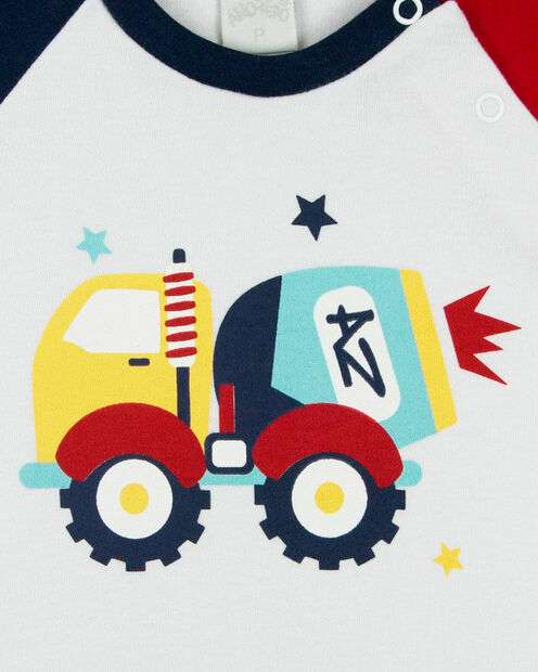 Macacão Bebê Menino Verão Suedine Manga Curta Silk Screen Caminhão de Concreto -