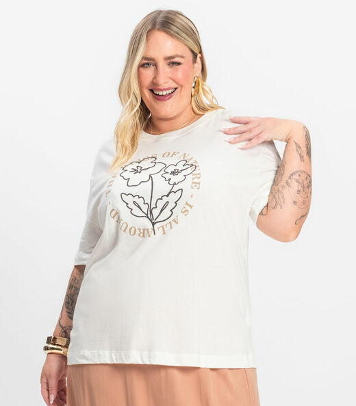 Camiseta Plus Size em Meia Malha Secret Glam Bege