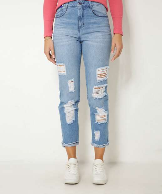 Calça Mom Jeans Destroyed Feminina Bolsos Biotipo