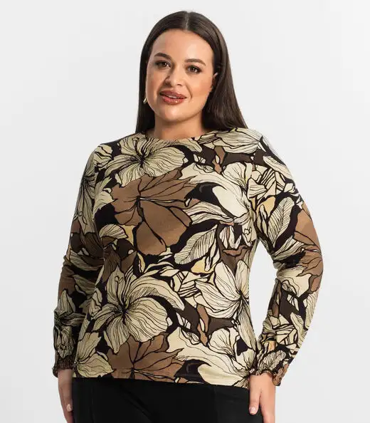Blusa Plus Size Manga Longa Feminina Secret Glam Marrom