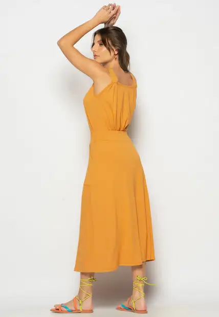 Conjunto Regata Drapeada e Saia Midi Malha Caramelo Salvatore