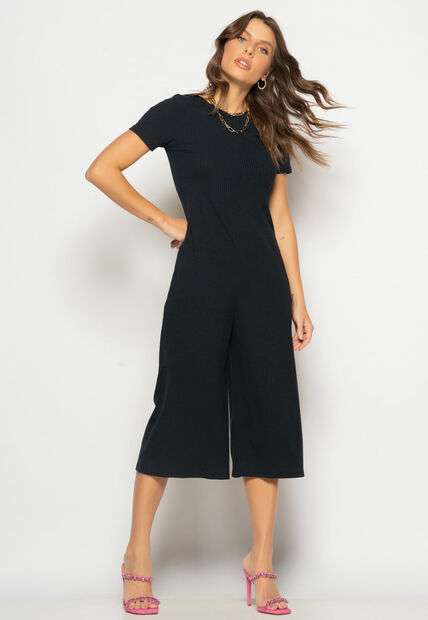 Image_Macacão Pantacourt Manga Curta Costas Em V Canelado Preto Salvatore