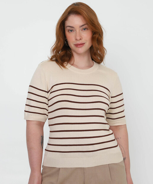 Blusa Plus Size Feminina Tricô Listrada Marisa Bege