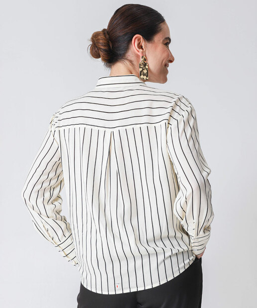 Camisa Feminina Listrada Manga Longa Marisa Bege