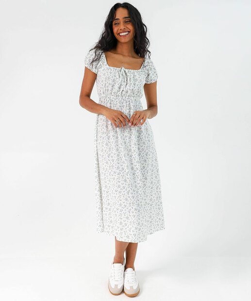 Vestido Feminino Midi Estampa Flores Marisa Branco