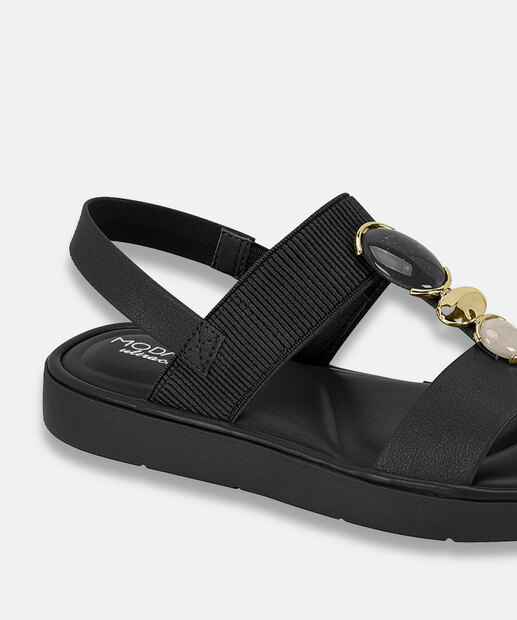 Sandália Feminina Rasteira Pedras Sintéticas Modare Preto