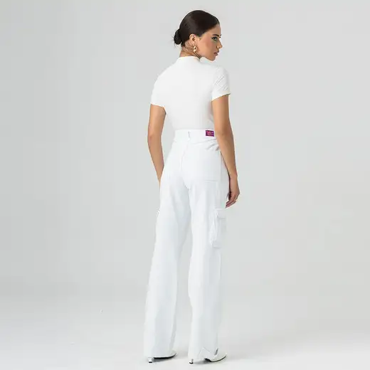 Calça Cargo Sarja Feminina Branca Disparate