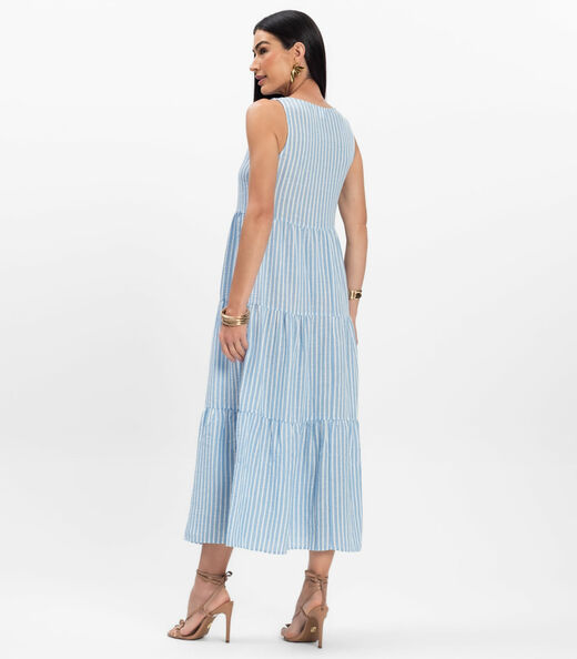 Vestido Midi Feminino Listrado Decote V Aishty Azul