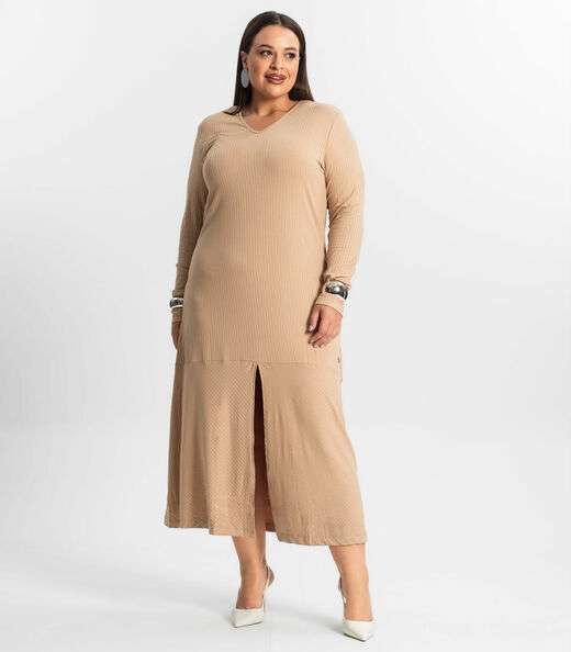 Image_Vestido Midi Plus Size Manga Longa Secret Glam Marrom