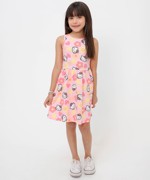 Vestido Infantil Floral Hello Kitty Sanrio Tam 4 a 10 Rosa