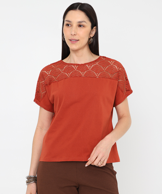 Blusa Feminina Rendada Manga Curta Marisa Laranja