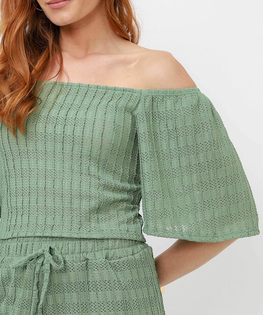 Blusa Cropped Feminina Lastex Manga Curta Marisa Verde