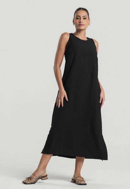 Vestido Midi Alfaiataria Marrant Regata Com Fendas e Bolsos Preto Salvatore