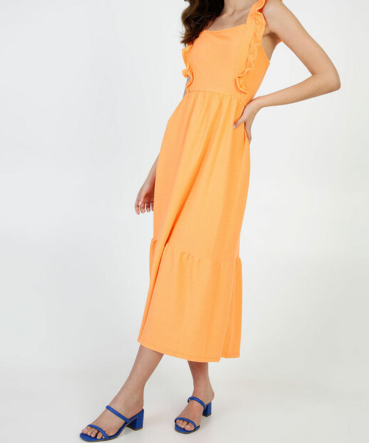 Vestido Midi Feminino Textura Babado Alças Largas Marisa