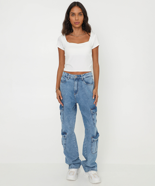 Image_Calça Feminina Jeans Cargo Wide Leg Sawary Azul