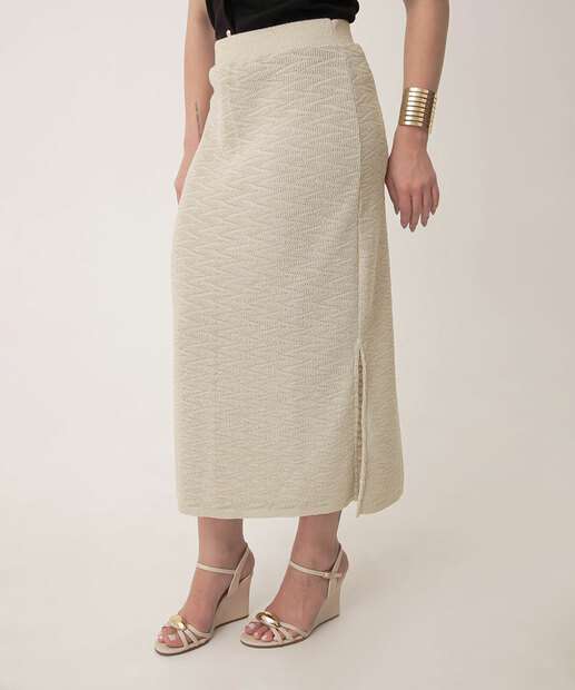 Saia Midi Feminina Tricô Brilho Lurex Fenda Marisa