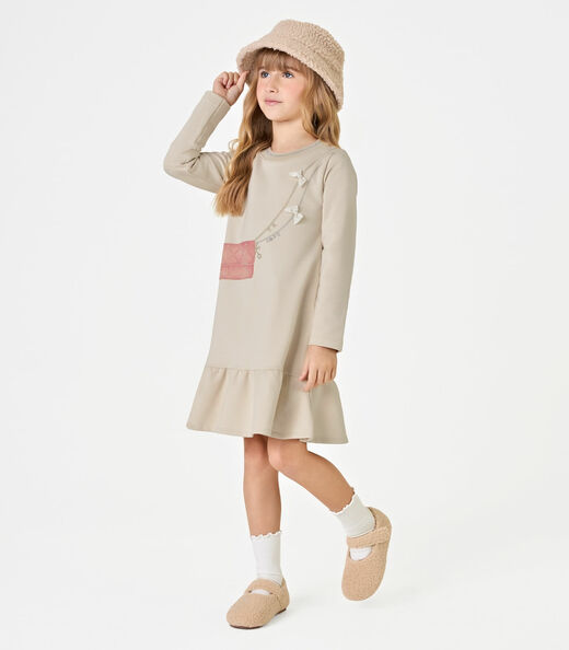 Vestido Manga Longa Trick Nick Bege
