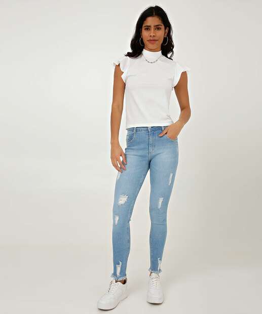 Calça Jeans Destroyed Skinny Feminina Barra Desfiada Biotipo