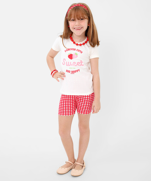 Conjunto Infantil Estampa Morango Tam 4 a 10 Off White