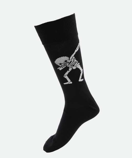 Meia Masculina Cano Longo Estampa Esqueleto MR Preto