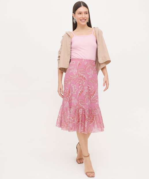 Saia Feminina Midi Tule Estampa Folhas Marisa