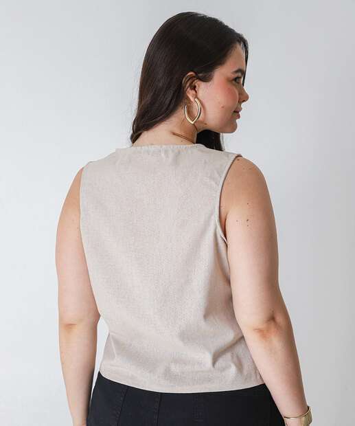 Blusa Regata Plus Size Feminina Linho Marisa Bege