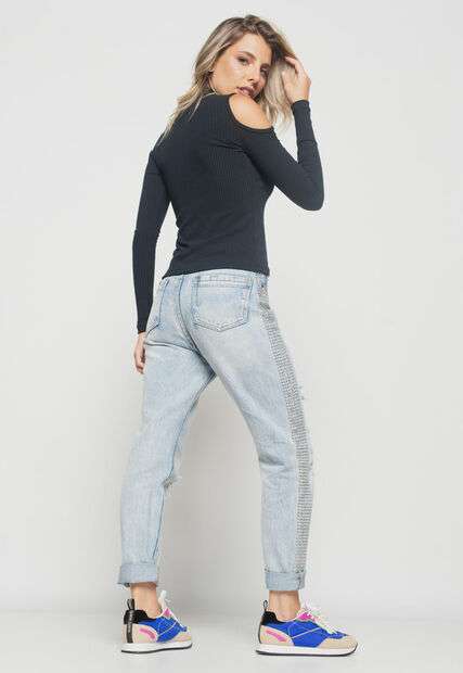 Blusa  Ombro Vazado Manga Longa Canelada Preta