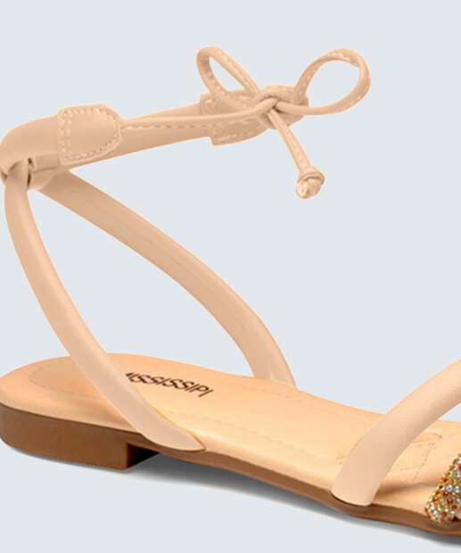 Sandália Feminina Rasteira Strass Amarração Mississipi