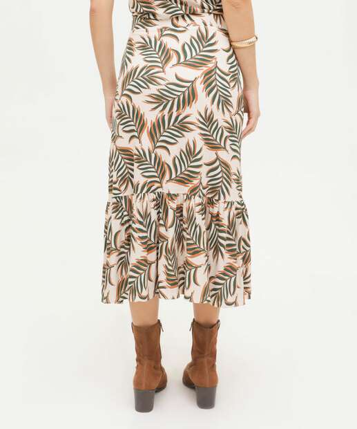 Saia Midi Feminina Estampa Folhas Babado Marisa
