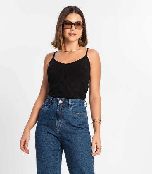 Blusa De Alça Feminina Ribana Canelada Rovitex Preto