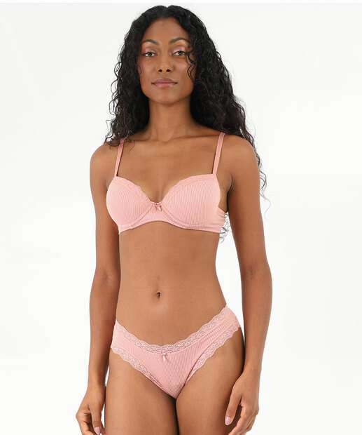 Sutiã Com Base E Com Bojo Canelado Renda Marisa Rosa