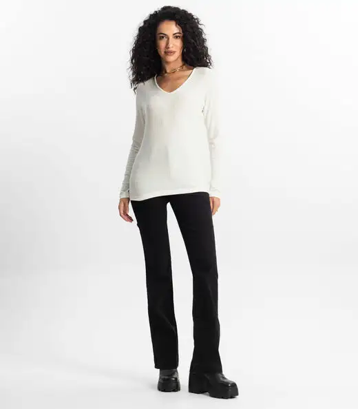 Blusa Manga Longa Em Ribana Canelada Rovitex Bege