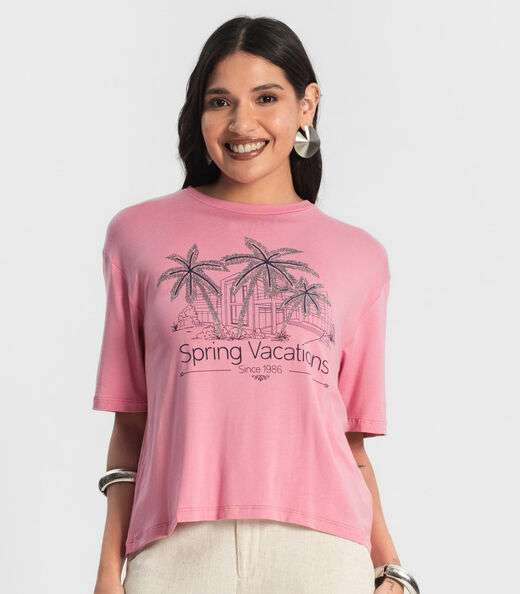 Blusa Feminina Over com Estampa e Glitter Rosa