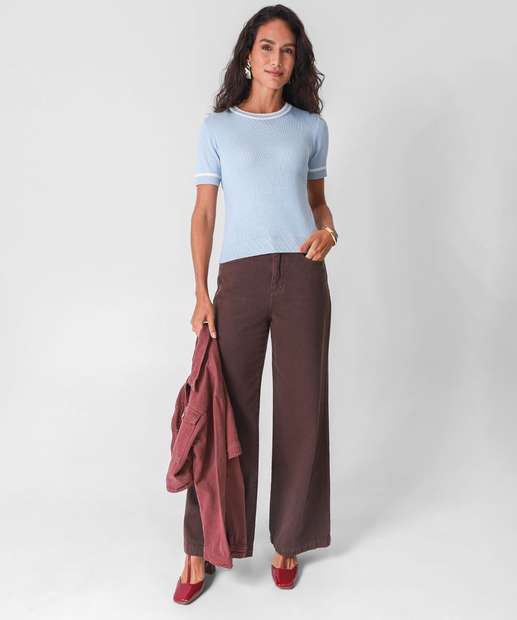 Blusa Feminina Manga Curta Tricô Marisa Azul