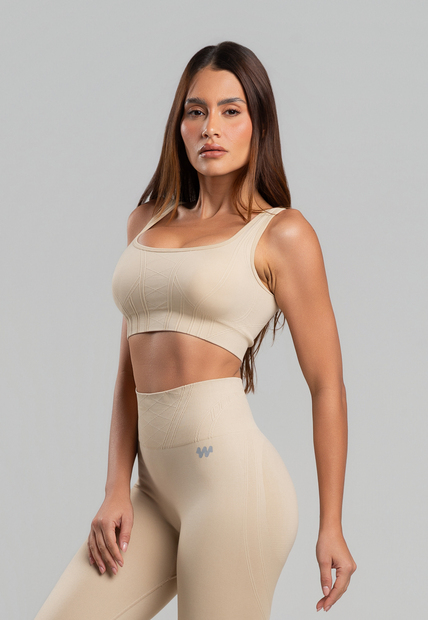 Conjunto Fitness sem Costura Top e Legging em Poliamida Bege Wemood