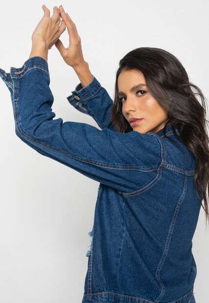 Jaqueta Jeans Escura Com Rasgos Salvatore Fashion
