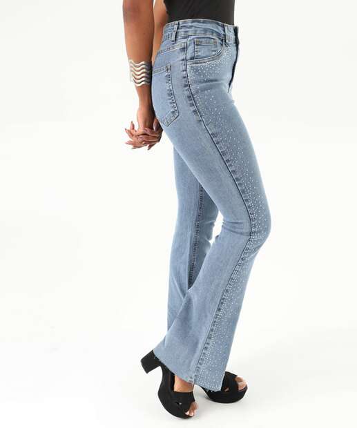 Calça Feminina Jeans Flare Strass Bolsos Marisa Azul