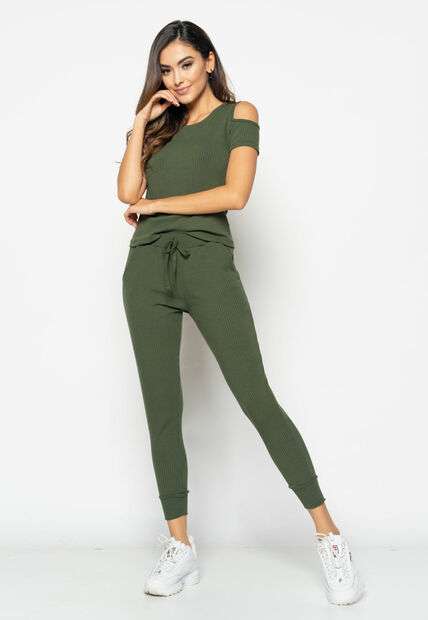 Conjunto  Comfy Com Blusa Ombro Vazado e Jogger Canelada Verde Salvatore Fashion