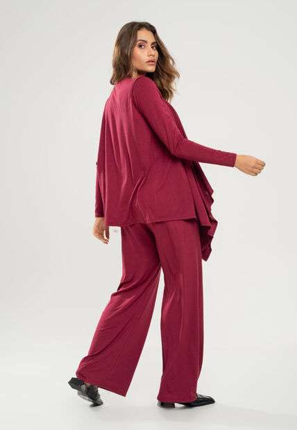 Conjunto Com Kimono, Blusa Manga Longa e Wide Leg Malha Vinho Salvatore
