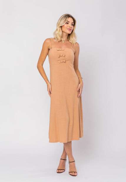 Vestido Midi Viscolinho Premium Laços Bege Salvatore
