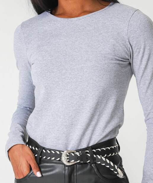 Blusa Feminina Cotton Manga Longa Marisa Cinza