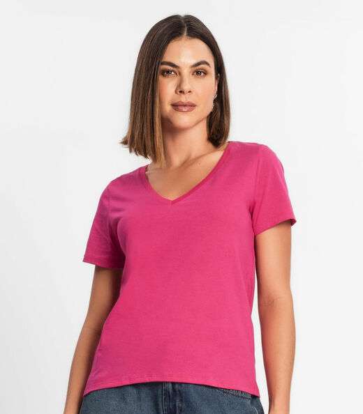 Blusa Feminina Manga Curta Decote V Rovitex Rosa
