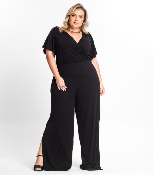 Macacão Pantalona Feminino Plus Size Secret Glam Preto