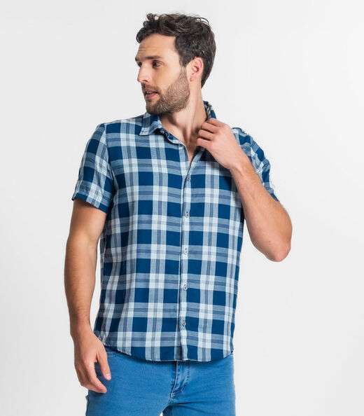Camisa Masculina Xadrez Diametro Azul
