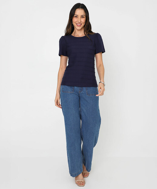 Blusa Feminina Textura Manga Curta Princesa Marisa Azul