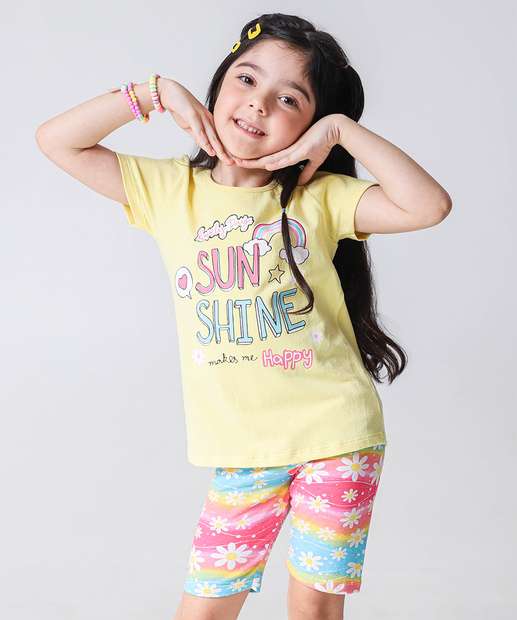 Conjunto Infantil Estampa Flores Marisa Tam 4 a 10 Amarelo