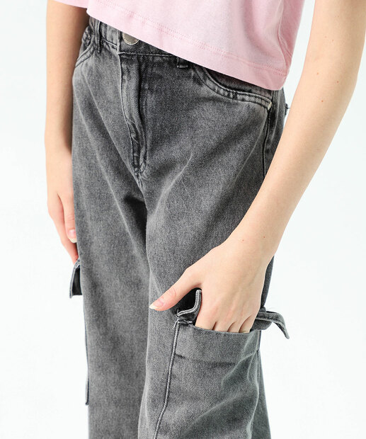 Calça Juvenil Jeans Wide Leg Cargo Tam 10 a 16 Marisa Preto