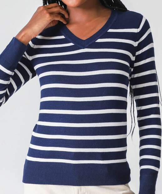 Suéter Feminino Listrado Gola V Marisa Azul