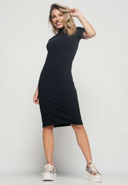 Vestido  Midi Manga Curta Canelado Preto Salvatore Fashion